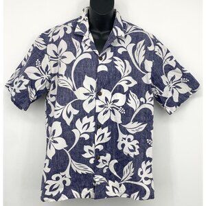 Hilo Hattie Men Large Blue Hibiscus Button Short Sleeve Shirt Aloha Hawaiian EUC